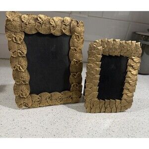 Celia Landman Gold Metal Leaf Photo Frames 5x7 4x6 Pair Thick Glass Quality Vtg